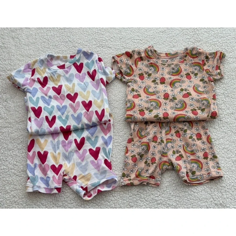 Lot of 2 Girl Short Pajamas Size 5T 100% Cotton Shorts Sleepwear Hearts Rainbow